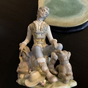 Signed Tengra Hand Made Spain Statue Boy with Dog and Mahogany Base Vintage